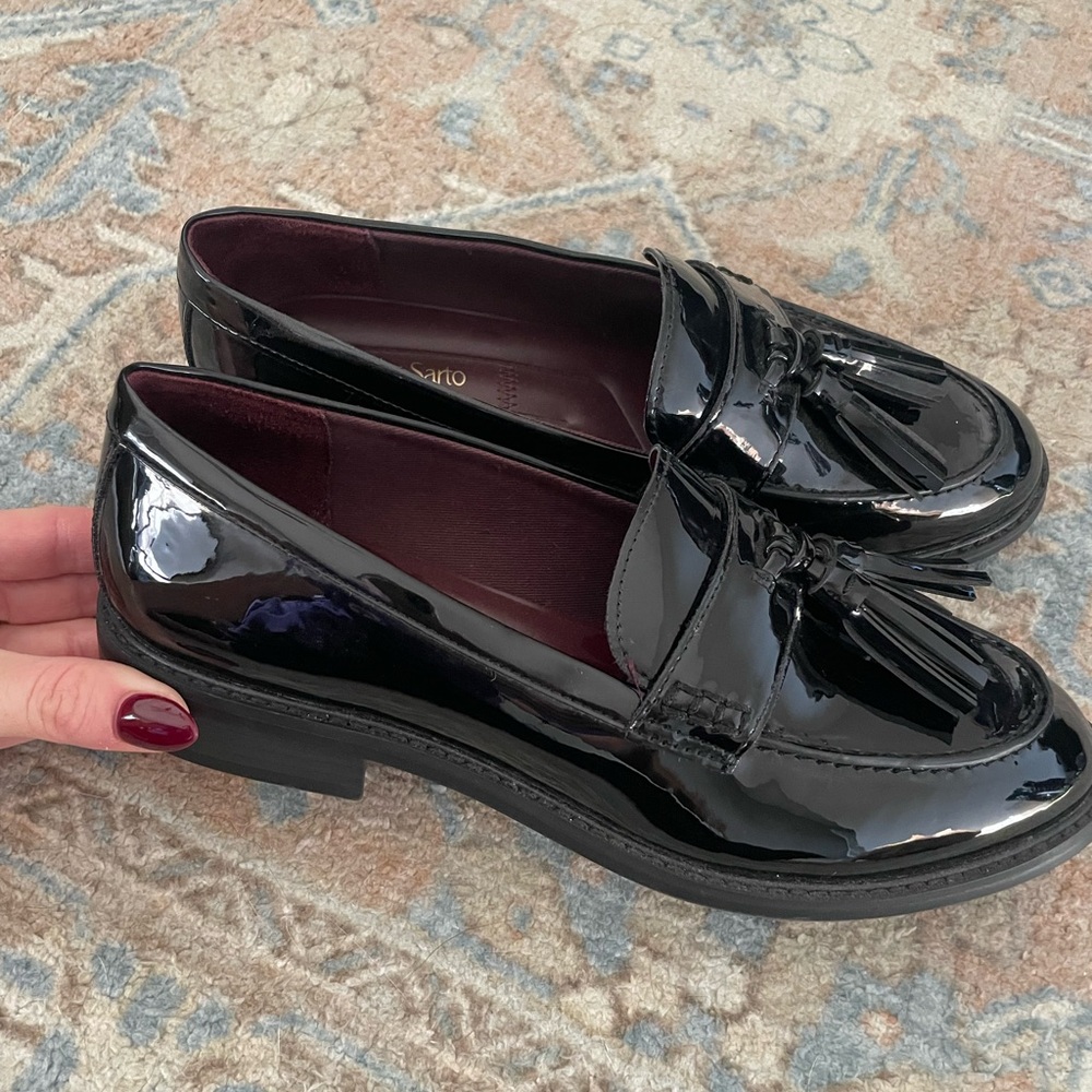 Franco Sarto Glossy Black Tassel Loafers